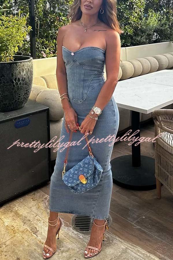 Cutie Denim Rosette Detail Corset Off Shoulder Stretch Maxi Dress