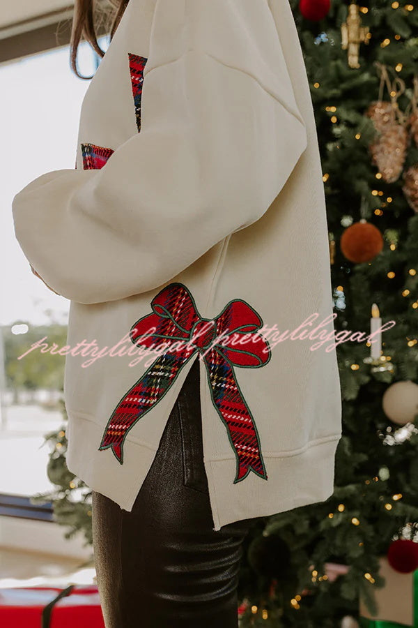 Merry Plaid Embroidered Bow Long-Sleeve Loose Sweatshirt