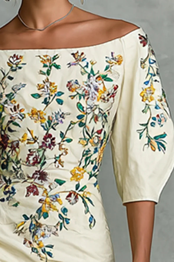 Floral Print Off-shoulder Puff Sleeve Fitted Midi Dress