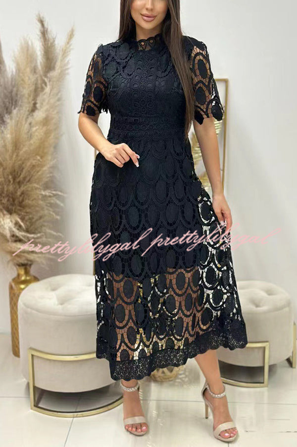 Elegant Crocheted Cutout Lace Short-sleeved Stand-collar Midi Dress