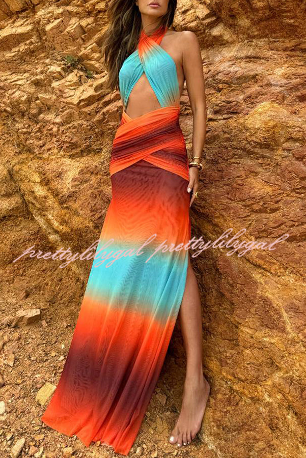 Neon Sunset Mesh Printed Cross Halter Neck Backless Vacation Maxi Dress