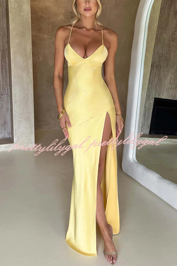 Satin Solid Color Sexy Backless Lace Up High Slit Maxi Dress