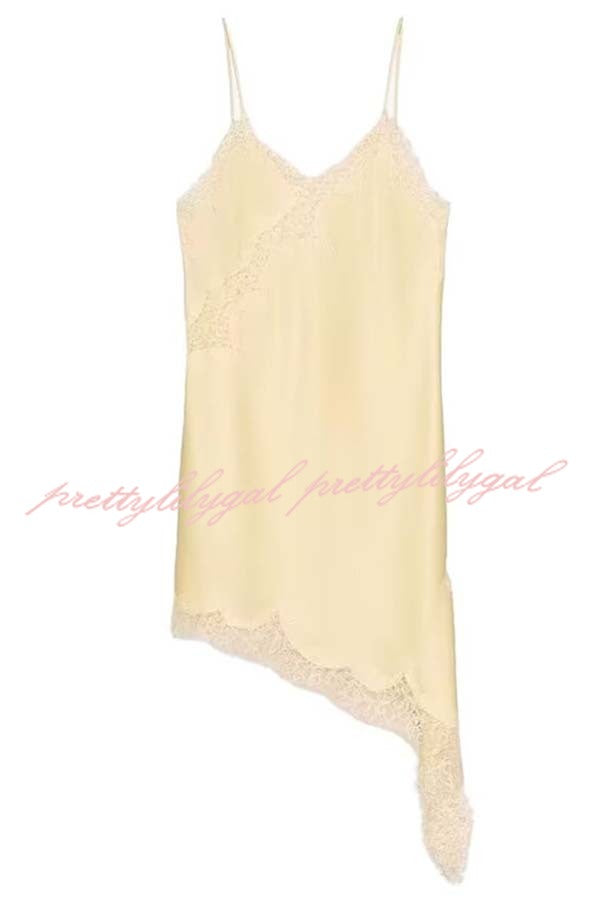Elouise Satin Lace Trim V-neck Asymmetrical Hem Slip Mini Dress
