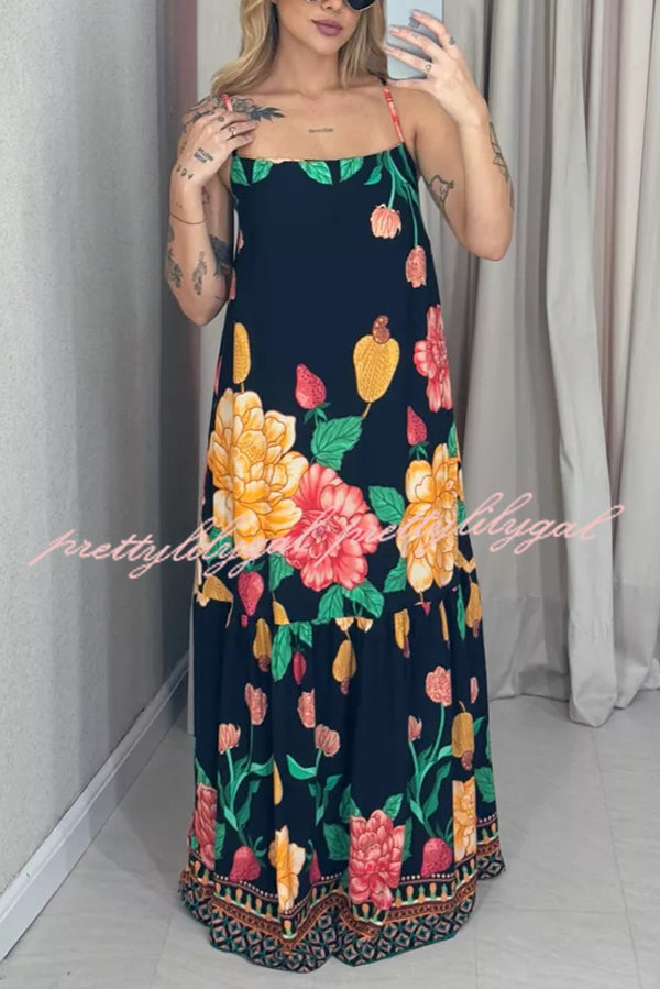 Floral Print Halter Back Loose Pocket Full Hem Maxi Dress