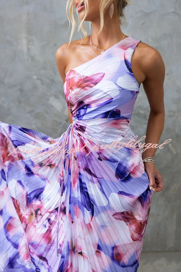 Laken Floral Print One Shoulder Adjustable Tie Cutout Pleated Maxi Dress