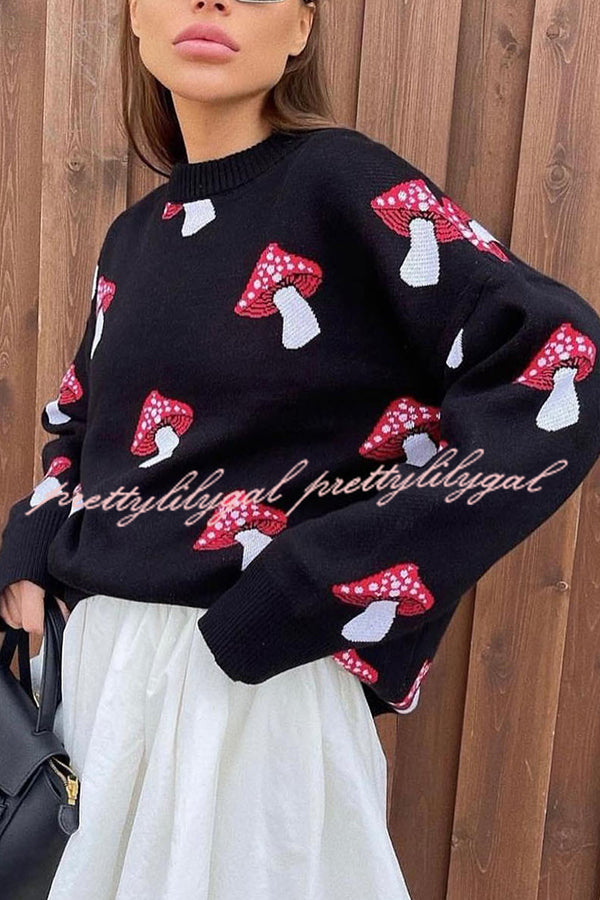 Mushroom Pattern Casual Loose Round Neck Knitted Sweater