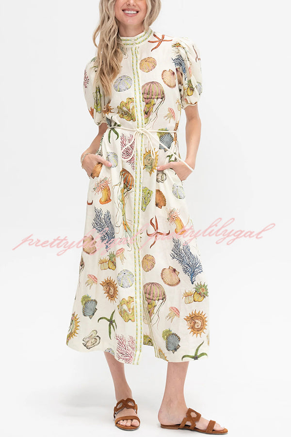 Beach Shell Print Puff Sleeve Tie-Waist Casual Midi Dress