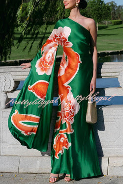 Elegance and Grace Satin Dragon Print One Shoulder Drape Sleeve Maxi Dress