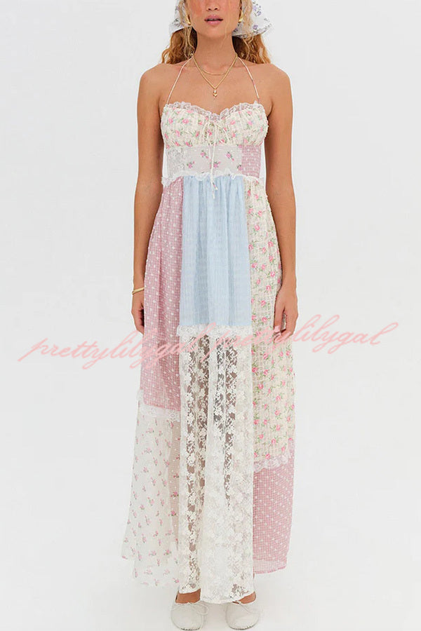 Floral Lace Sexy Halterneck Backless Patchwork Maxi Dress