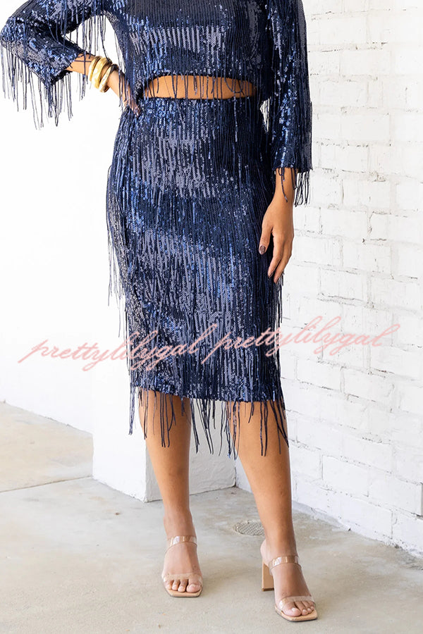 Insight Blueberry Sequin Fringe High Rise Elastic Waistband Midi Skirt