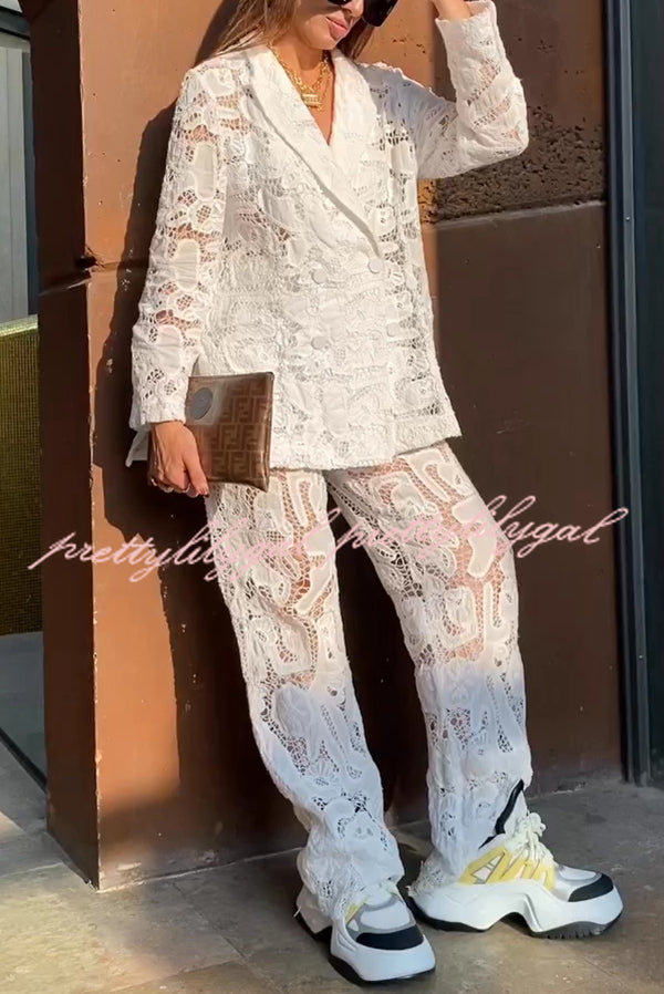 Fashionable Lace Long-sleeved Lapel Loose Top and Casual Hollow Pants Set