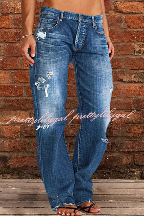 Vintage Washed Ripped Wide Leg Jeans