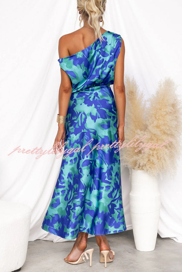 Satin Unique Print One Shoulder Tie Waist Slit Maxi Dress