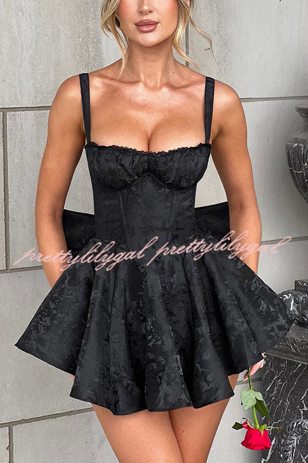 Jacquard Fabric Halter Back Elegant Bow Slim Fit Mini Dress