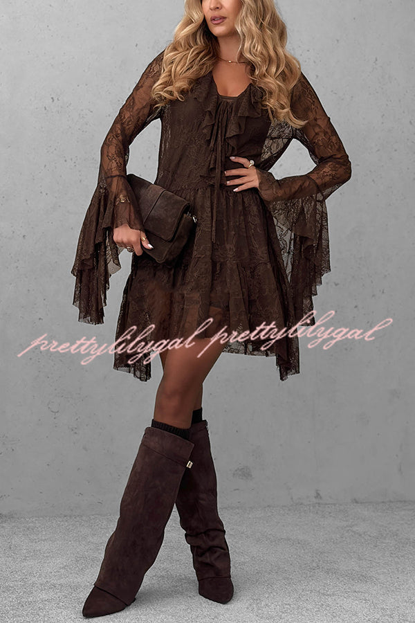 Feeling Lighthearted Lace Ruffle Neck Bell Sleeve Layered Hem A-line Mini Dress