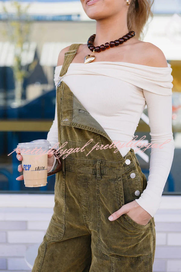 Falling Leaves Corduroy Metal Buckle Pocket Wide Leg Jumpsuit Overalls