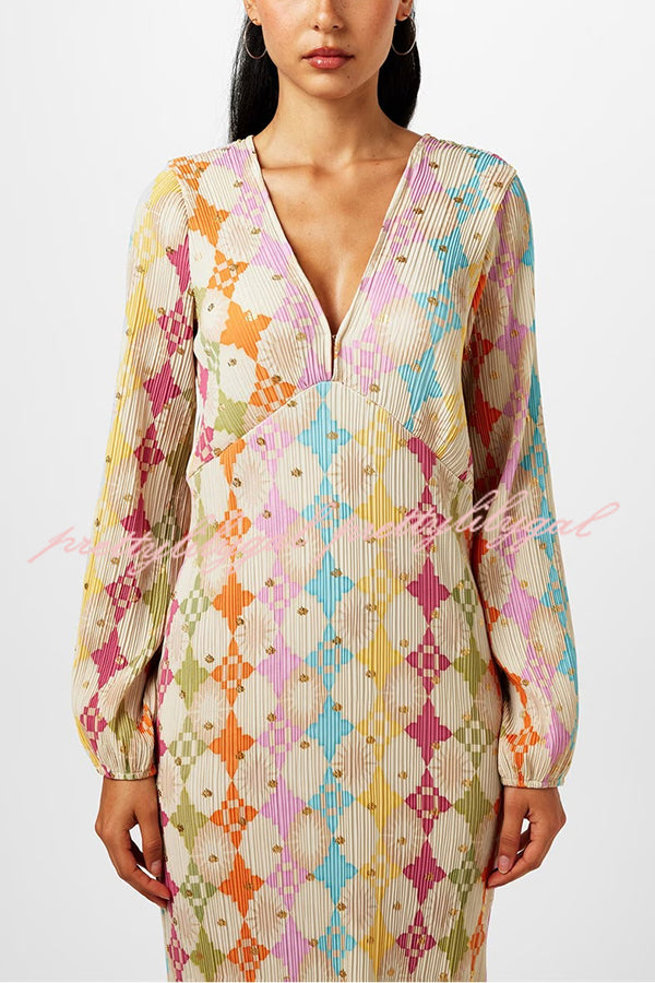 Gorgeous Sunshine Colorful Unique Print Kimono Puff Sleeve Midi Dress