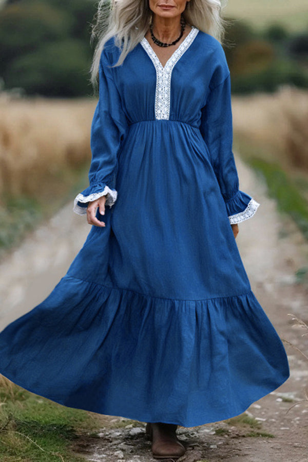 Fashionable Lace Paneled V-neck Long-sleeved Maxi Dress