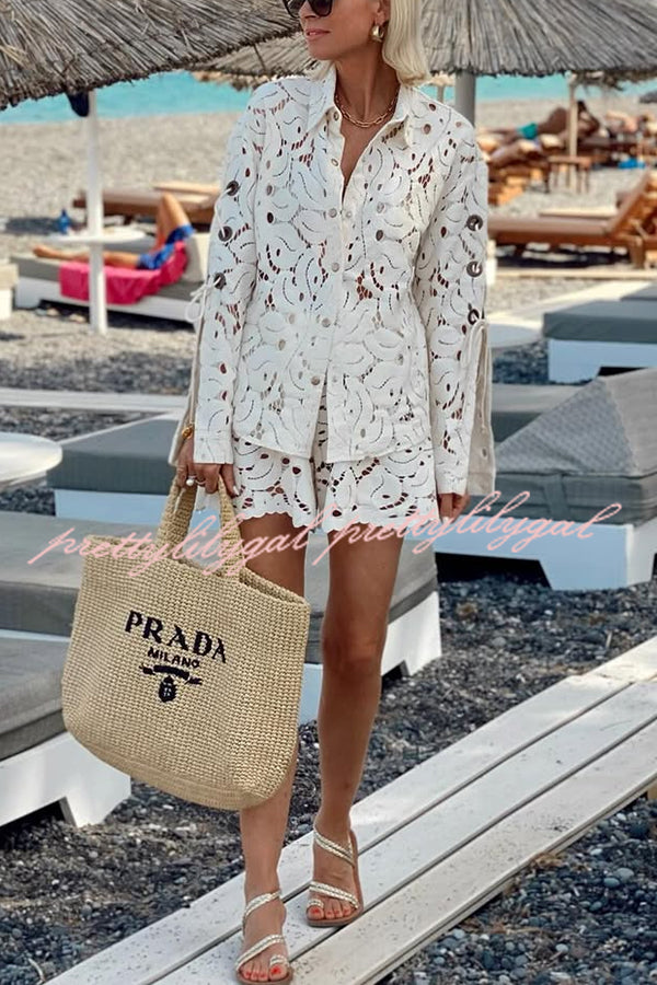 Always Favourite Lace Hollow Tie-up Slit Long Sleeve Shirt and Elastic Waist Shorts Set