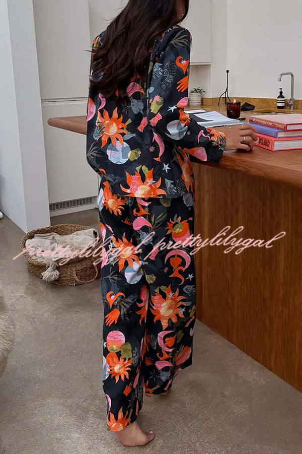 Evening Routine Unique Print Color-block Trim Loose Shirt and Elastic Waist Pocketed Pajama Set