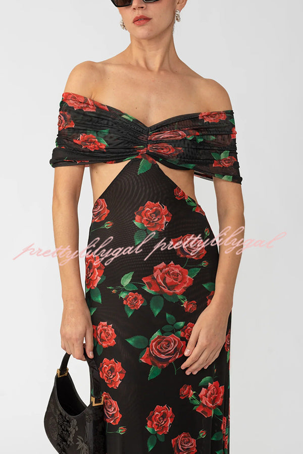 Rose Print Sexy Strapless Backless Slim Maxi Dress