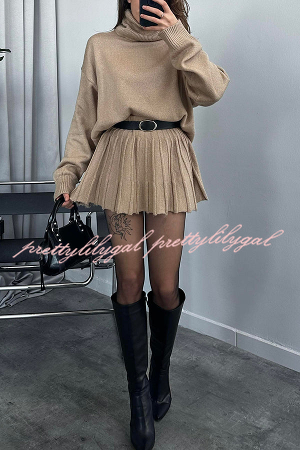 Solid Color Casual Preppy Knit Top and Knit Stretch Pleated Mini Skirt Set