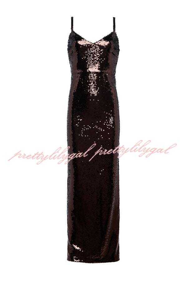 Dazzling Like Flowing Water Sequin V-neck Back Zipper Slit Maxi Dress