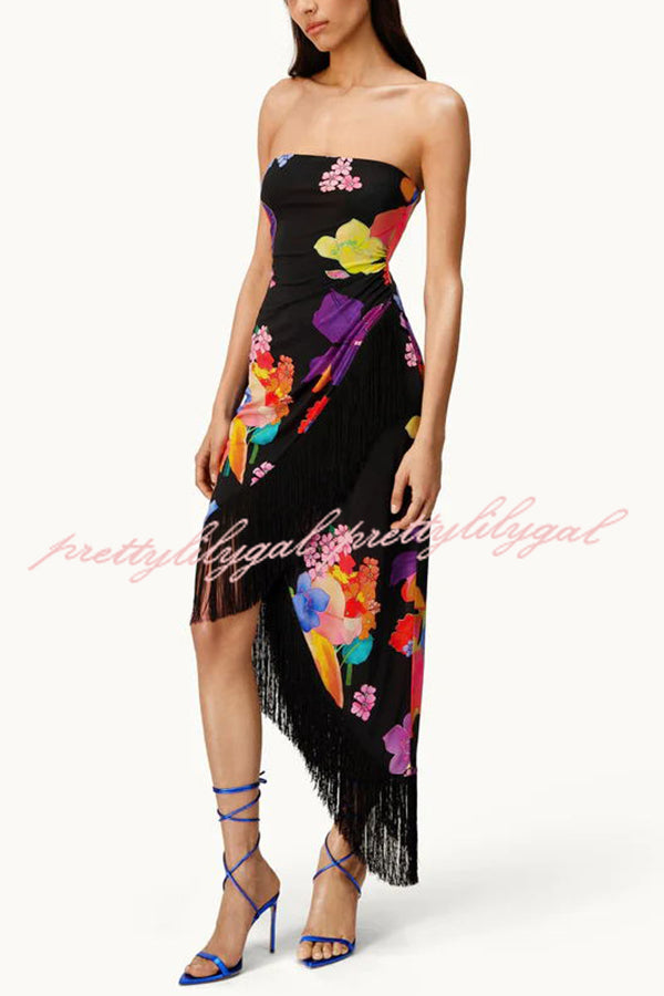 Island Girl Era Floral Print Tassel Trim Bandeau Stretch Midi Dress