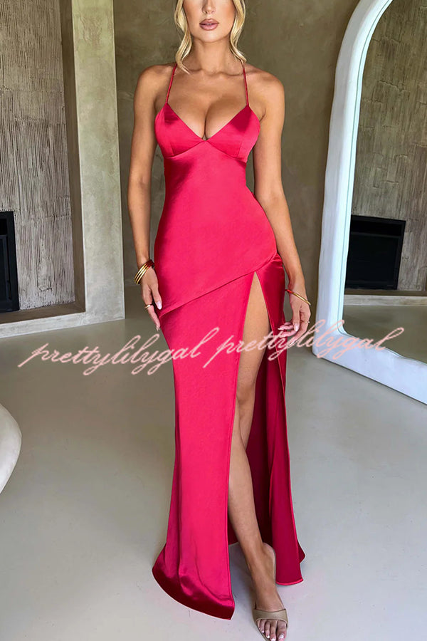 Satin Solid Color Sexy Backless Lace Up High Slit Maxi Dress