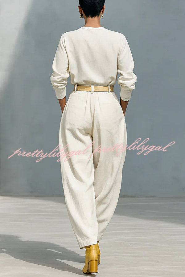 Fashionable Round Neck Long-sleeved Casual Top and High Waist Pocket Loose Wide-leg Pants Set