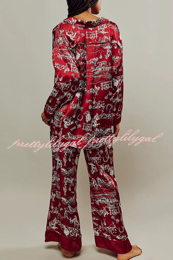 Unique Printed Lounge Long-sleeved Shirt and Elastic Waisted Baggy Pants Set