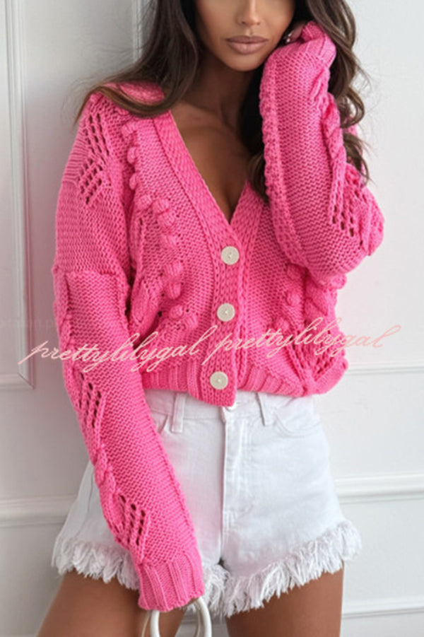 Fashion Hollow Long Sleeve V-neck Button Loose Knitted Cardigan
