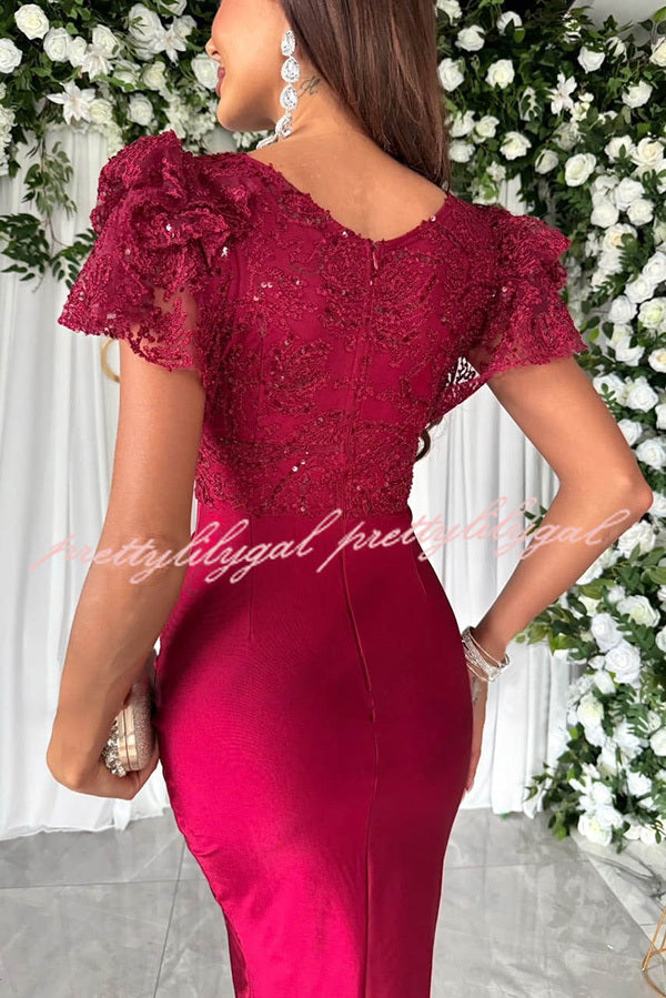 Dreamy Luxury Lace and Satin Patchwork Ruffle Sleeve Ruched Midi Dress