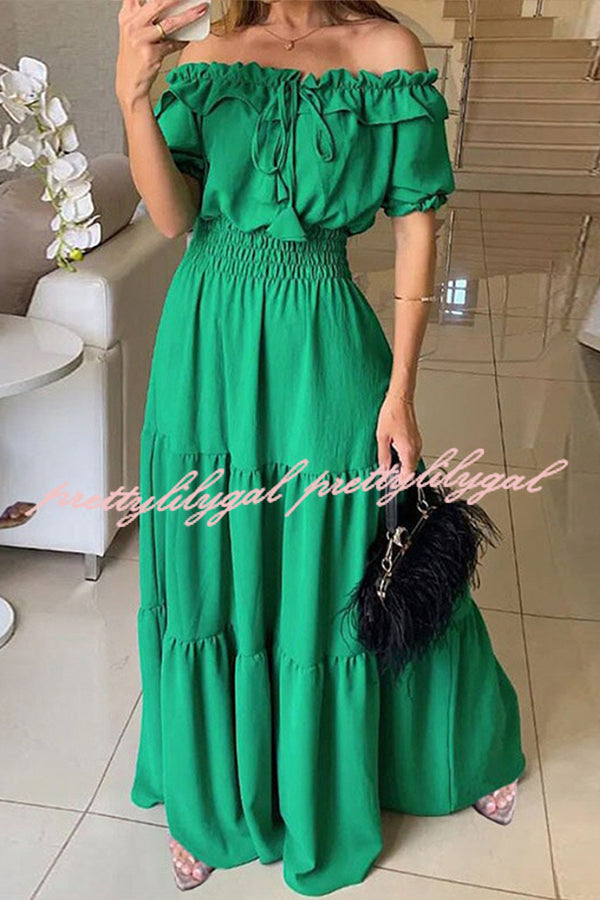 Admit Your Feelings Off Shoulder Smocked Waist Maxi Dress