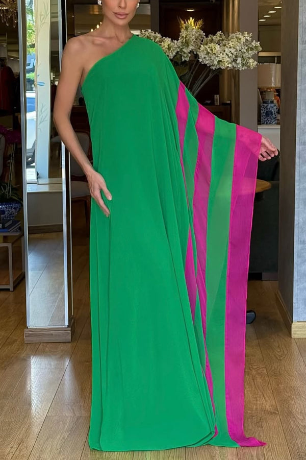 loose one shoulder dress Fashionable Color-blocked One-shoulder Loose Maxi Dress – prettylilygal