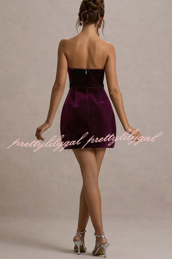 Effortlessly Elegant Velvet Jewel Embellished Trim Bandeau Mini Dress