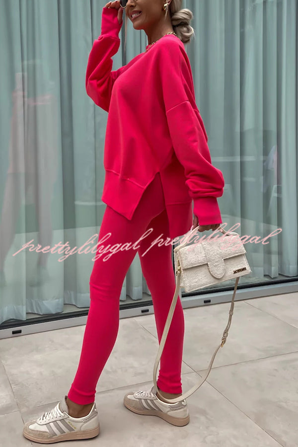 Solid Color Loose Long Sleeve SlitSweatshirt and Elastic Waist Tight Pants Set