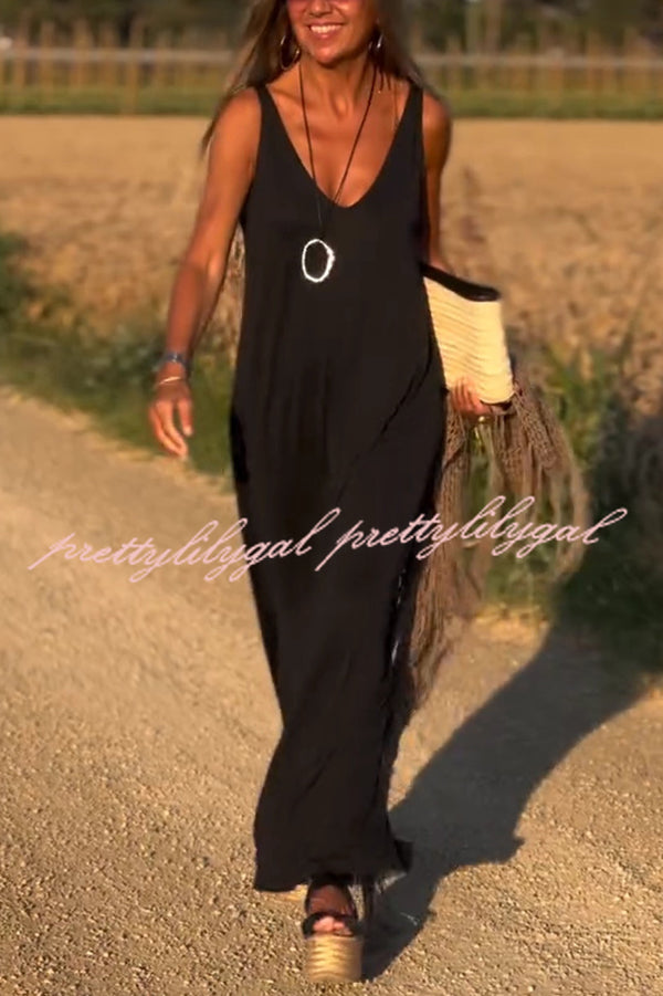 Solid Color V-neck Sleeveless Casual Loose Maxi Dress