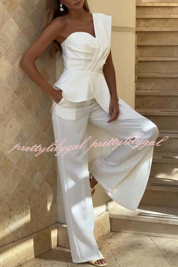 Amena One Shoulder Sweetheart Neck Ruffle Hem Top and Elastic Waist Pocket Wide Leg Pants Set