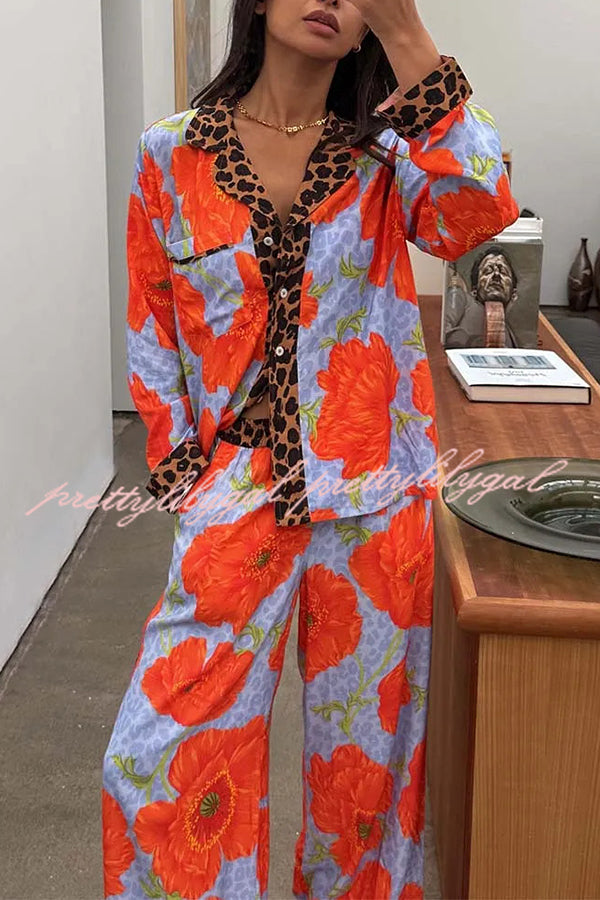 Color-block Poppy Leopard Print Trim Loose Shirt and Elastic Waist Pocketed Pajama Set