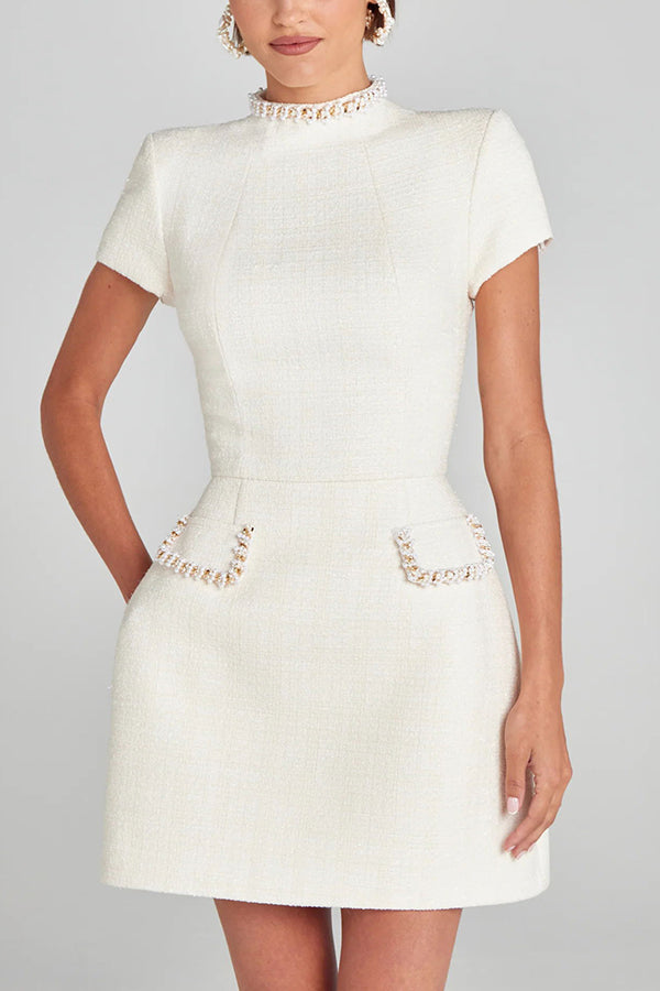 Atelier gg ホワイトプリンセス Exquisite and Playful Tweed Fabric Pearl Trim Short Sleeve