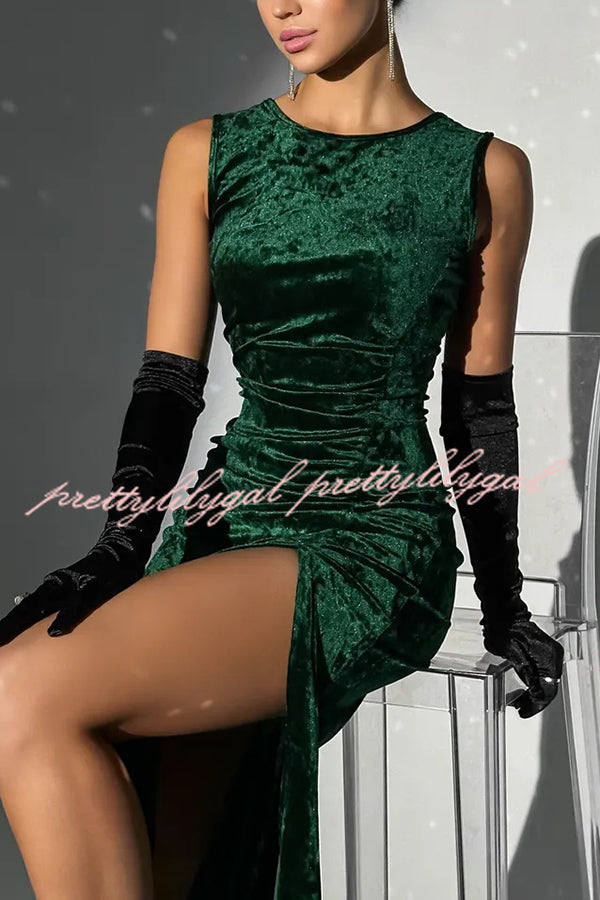 Solid Color Velvet Round Neck Sleeveless Slim Slit Maxi Dress