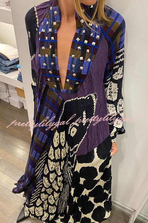 Creative Colorblock Print Long Sleeve Pocketed Shirt Maxi Dress