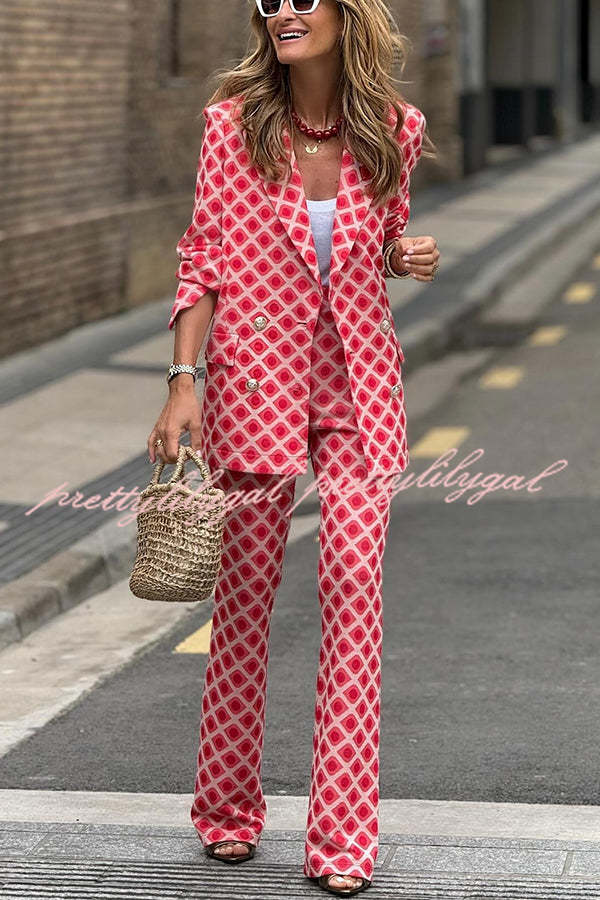 Chic Lady Unique Print Metal Button Pocketed Lapel Blazer and Elastic Waist Flare Pants Set