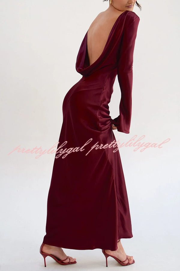 Satin Elegant Long-sleeved Open-back Slim-fit Slit Maxi Dress