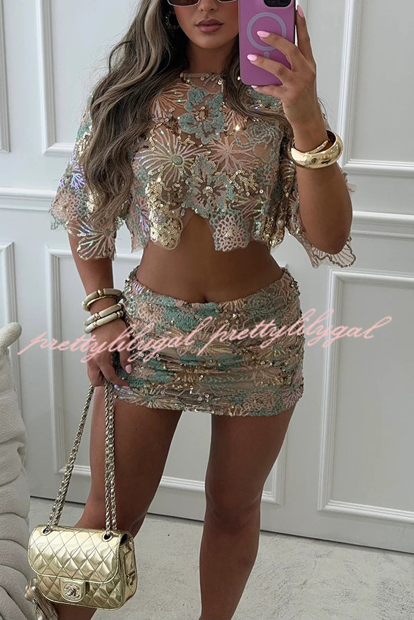 Fashionable Embroidered Flower Sequined Crop Top and Hip-hugging Mini Skirt Set