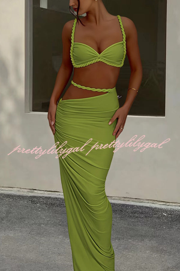 Sexy Halter Back Braided Suspender Top and Beach Holiday Style Hip-wrapped Maxi Skirt Set