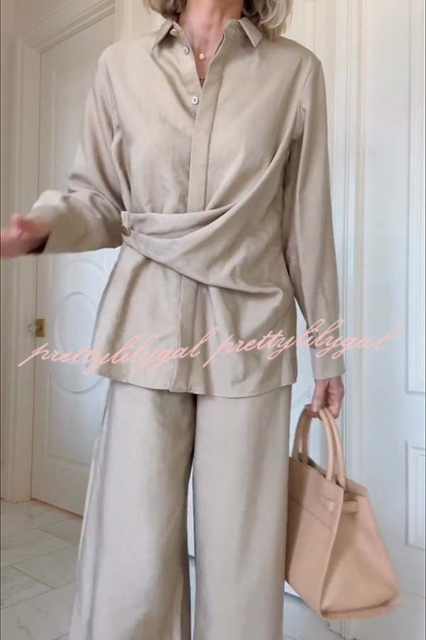 Juliette Cross-front Button Up Long Sleeve Shirt and Elastic Waist Pocket Loose Pants Set