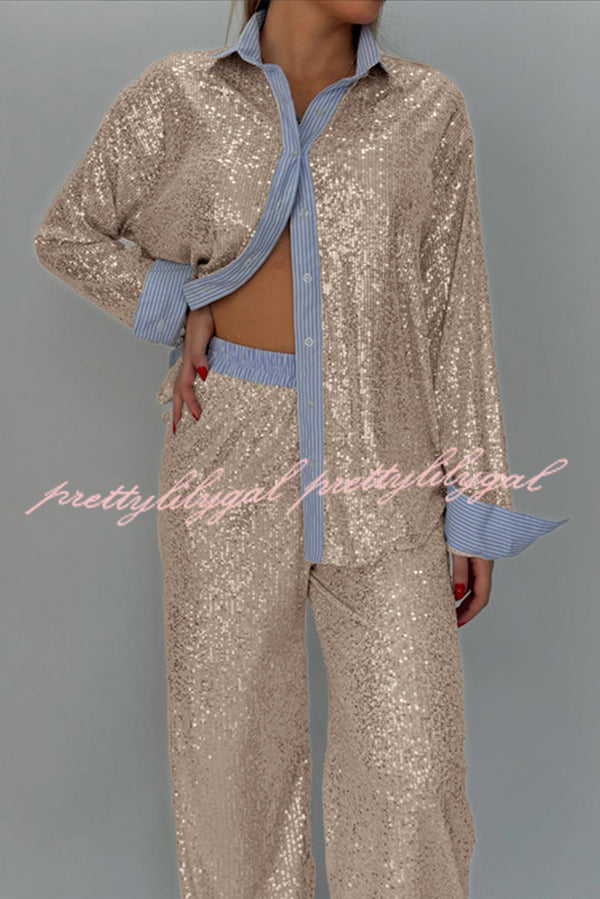 Fashion Sequined Loose Long-sleeved Shirt and Casual Elastic Waist Wide-leg Pants Set
