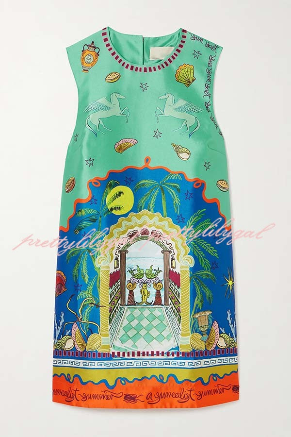Natural Beauty Satin Unique Print Sleeveless H-line Mini Dress